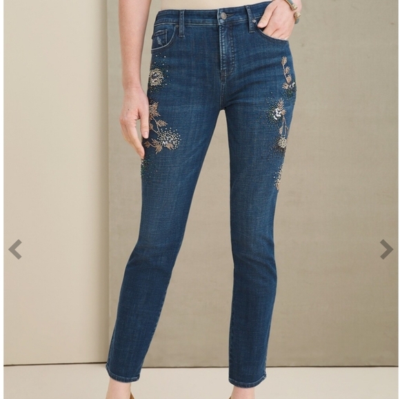 Chico's So Slimming Ankle Girlfriend Embellished holidays Blue Stretch Jeans 20R - Picture 1 of 12